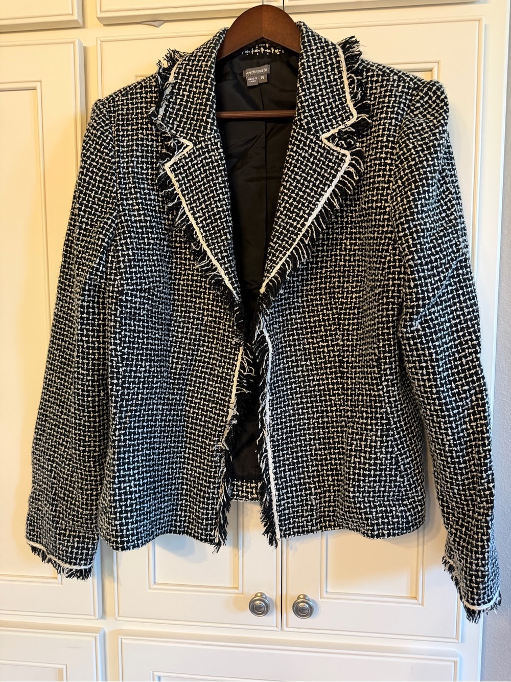 Anthracite Black & White Fringe-Trim Blazer